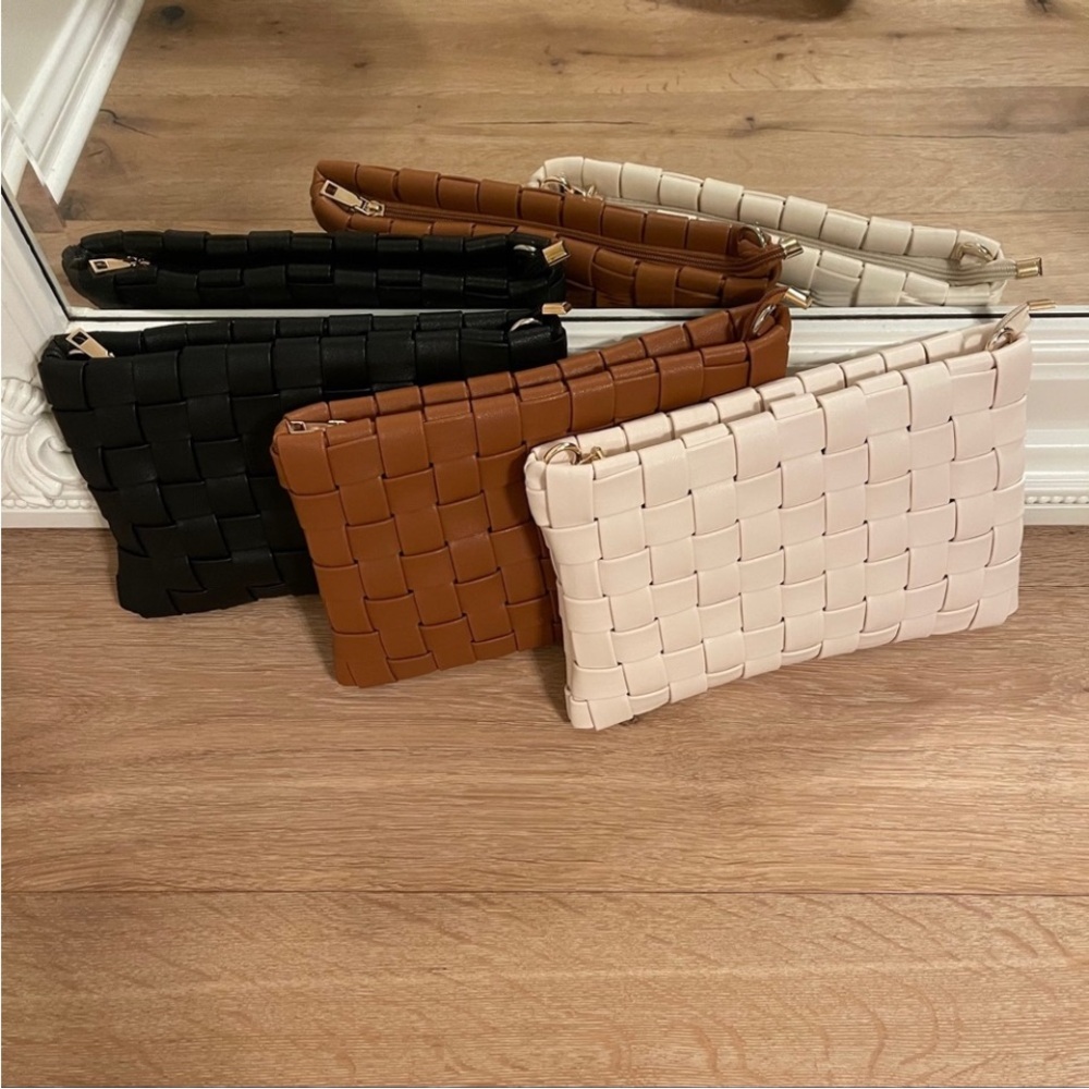 Elegant Woven Clutch Bag - Black, Brown, and Cream